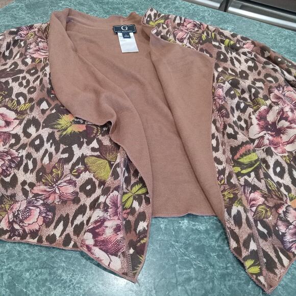 G by Giuliana Women's 1x Reversible Mocha Leopard Floral Open Cardigan Cropped - Picture 2 of 10